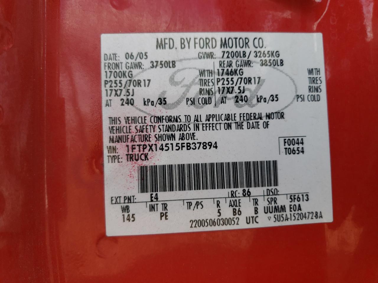 2005 Ford F150 VIN: 1FTPX14515FB37894 Lot: 92869905