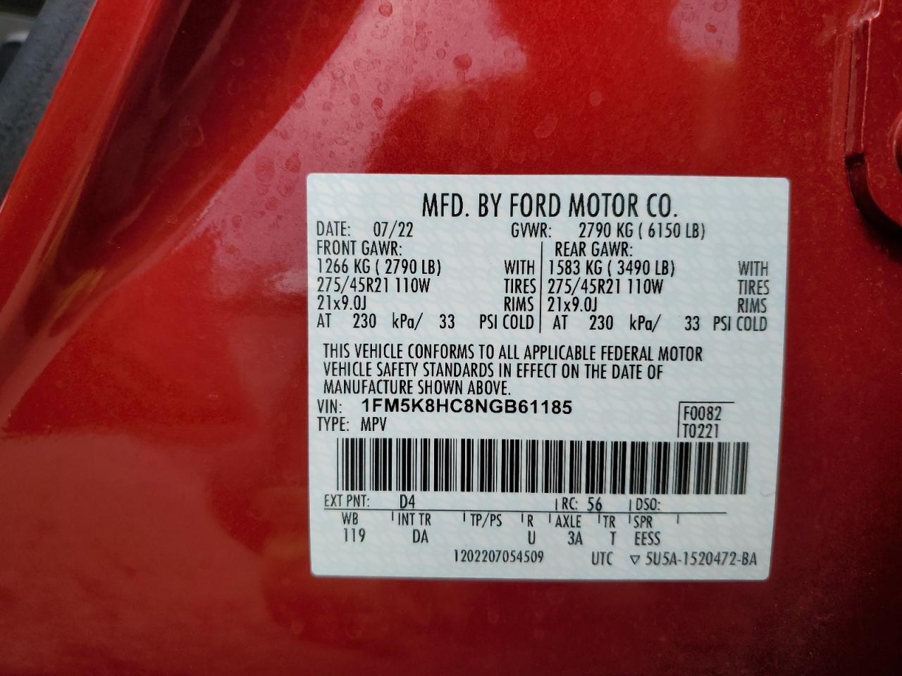 2022 Ford Explorer Platinum VIN: 1FM5K8HC8NGB61185 Lot: 70525125