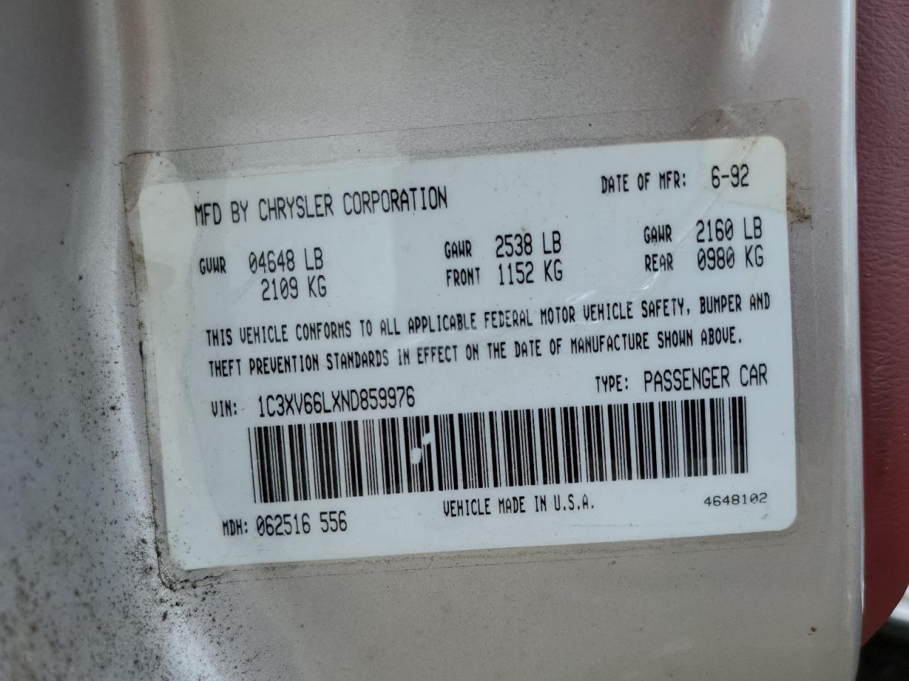 1992 Chrysler New Yorker Fifth Avenue VIN: 1C3XV66LXND859976 Lot: 68680145