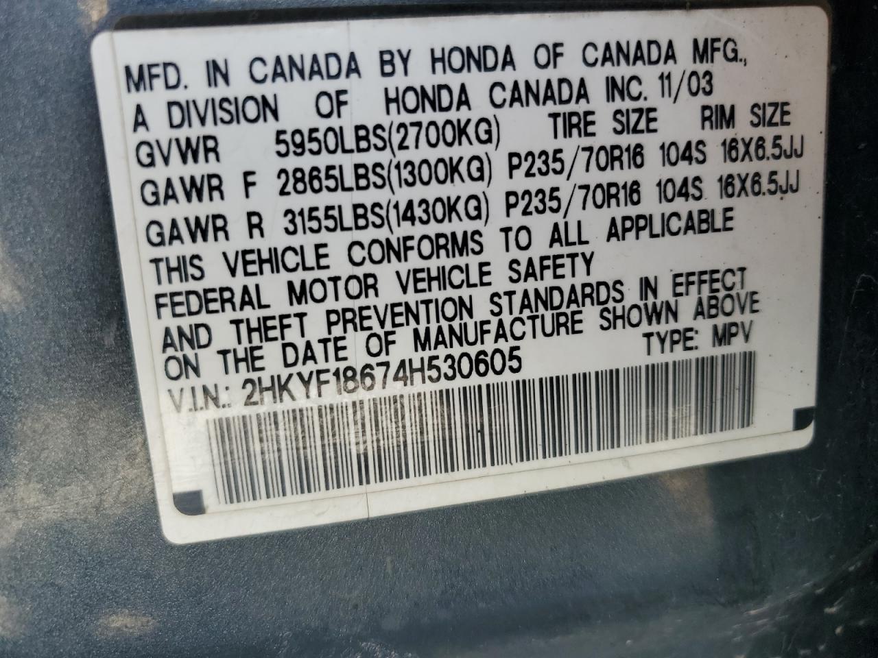 2004 Honda Pilot Exl VIN: 2HKYF18574H530605 Lot: 69650795