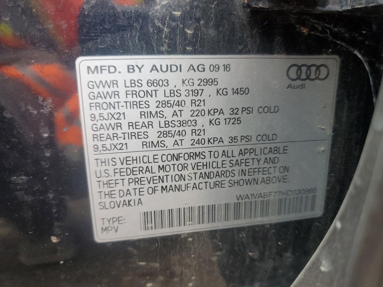 2017 Audi Q7 Prestige VIN: WA1VABF77HD030968 Lot: 69412095