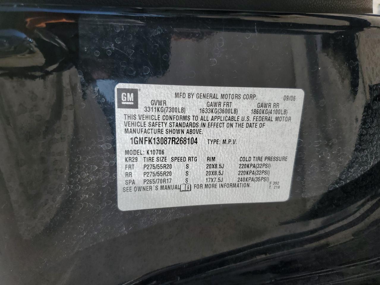 2007 Chevrolet Tahoe K1500 VIN: 1GNFK13087R268104 Lot: 67838865