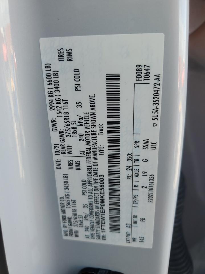 2021 Ford F150 Supercrew VIN: 1FTEW1EP0MKE58003 Lot: 68590675