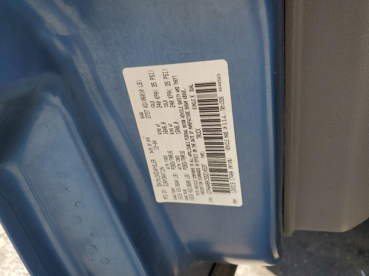 2005 Dodge Dakota Quad Slt VIN: 1D7HW48N15S214537 Lot: 70814875