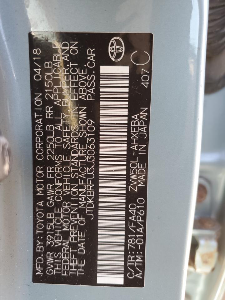 2018 Toyota Prius VIN: JTDKBRFU3J3063109 Lot: 70499325