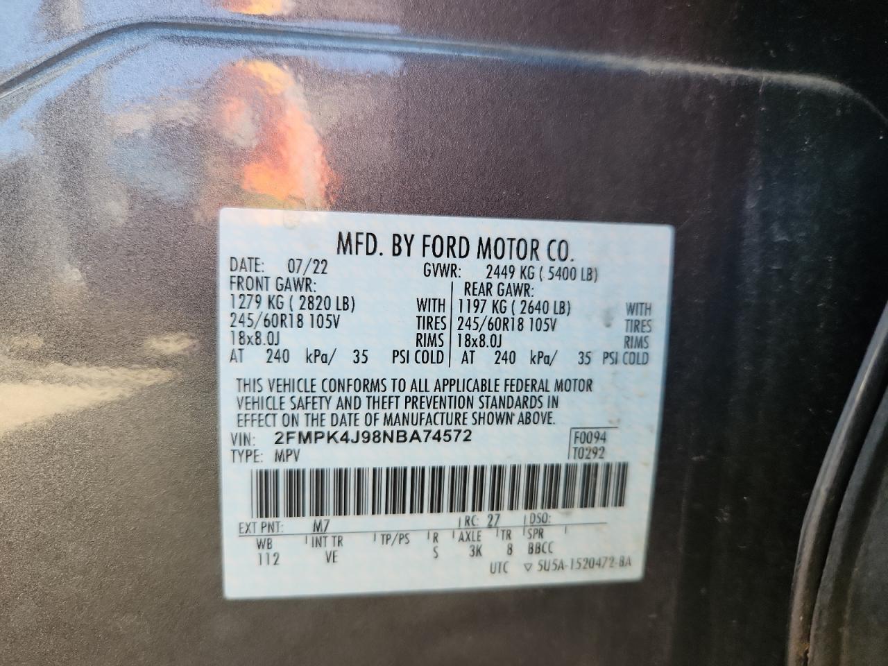 2022 Ford Edge Sel VIN: 2FMPK4J98NBA74572 Lot: 70462055