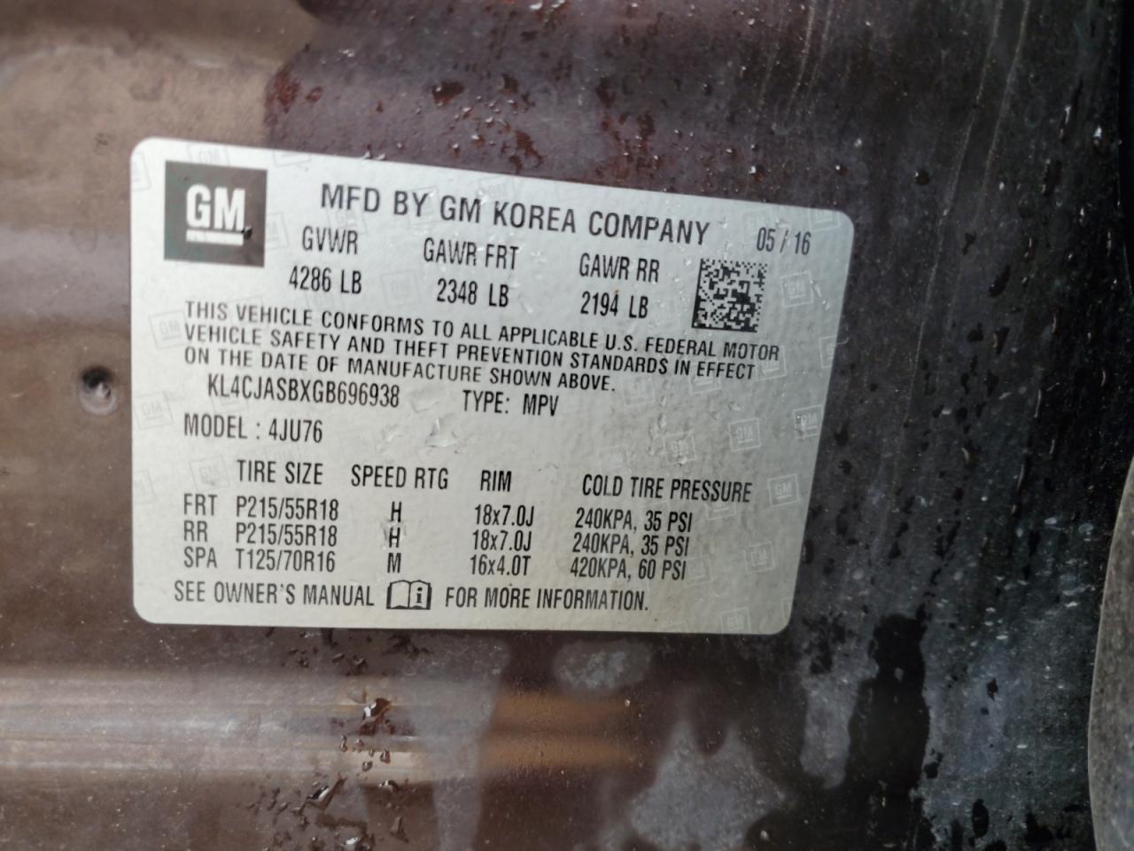 2016 Buick Encore VIN: KL4CJASBXGB696938 Lot: 67456255