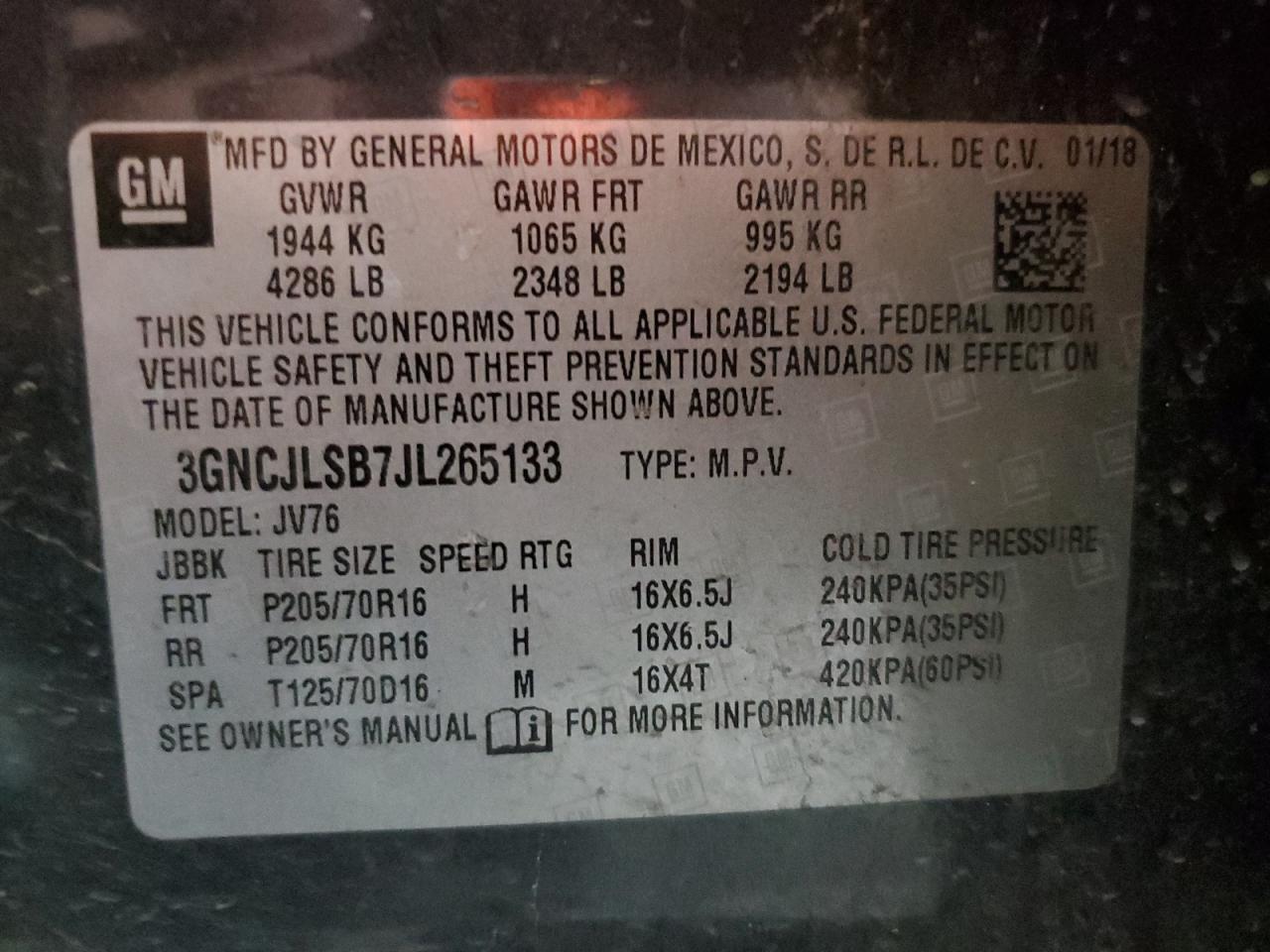 2018 Chevrolet Trax 1Lt VIN: 3GNCJLSB7JL265133 Lot: 70522255