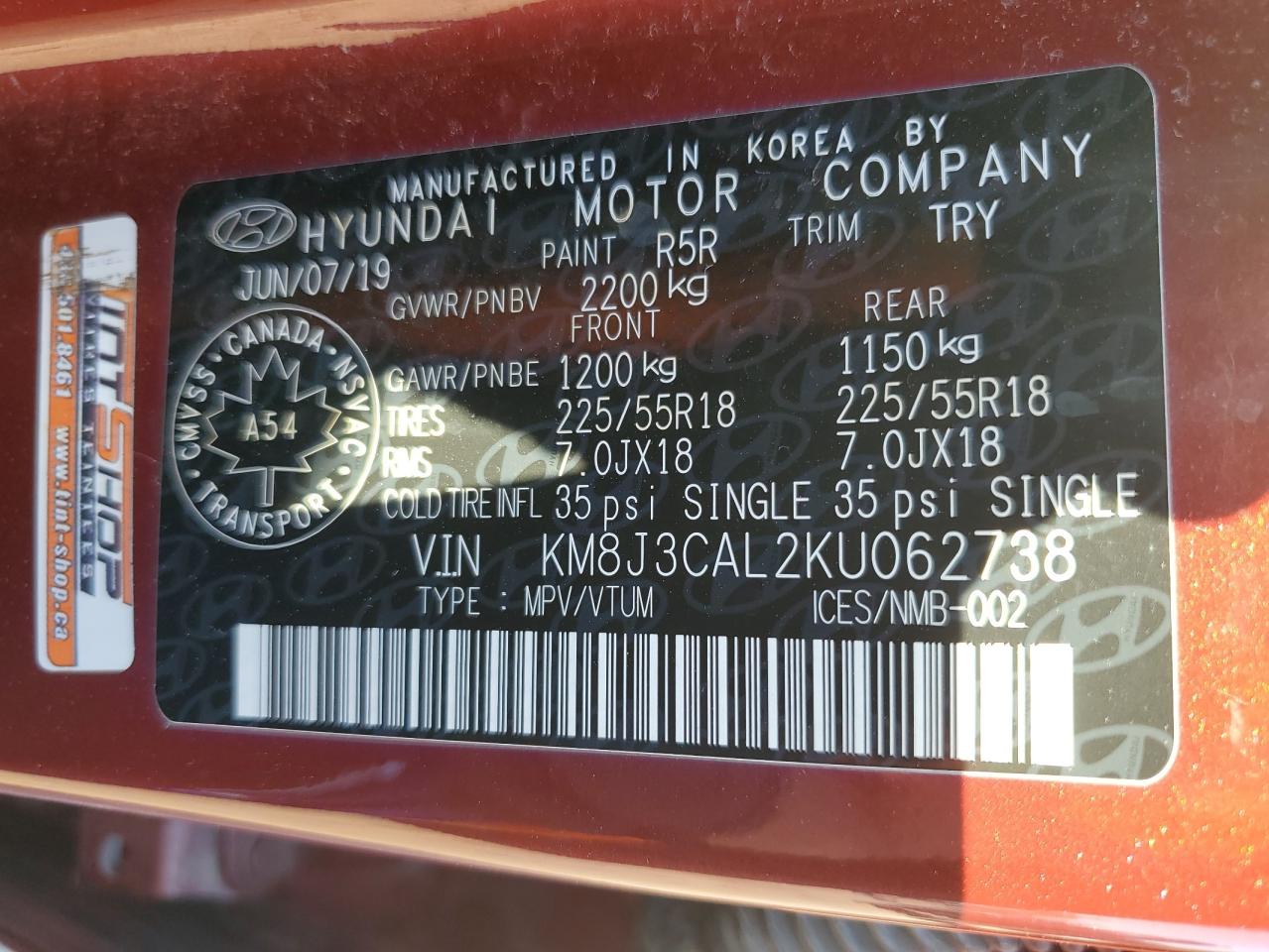 2019 Hyundai Tucson Limited VIN: KM8J3CAL2KU062738 Lot: 69173865