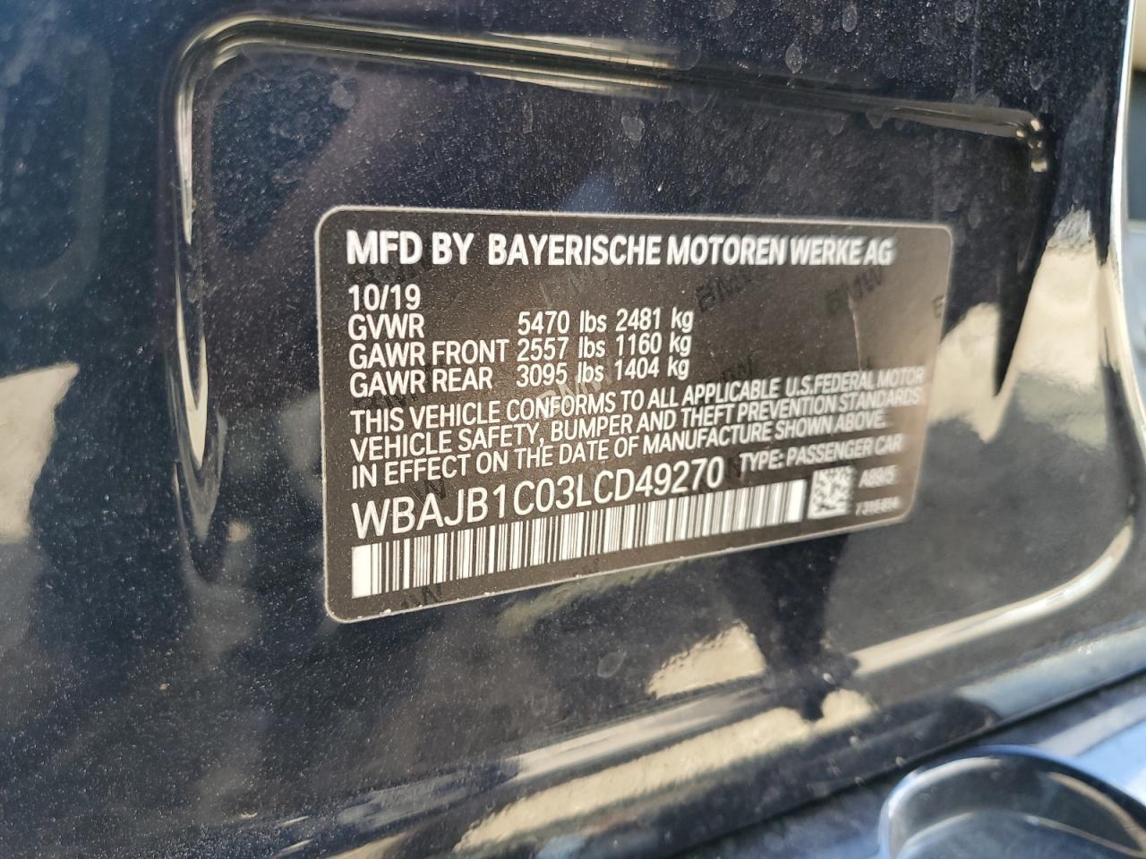 2020 BMW 530Xe VIN: WBAJB1C03LCD49270 Lot: 69764535