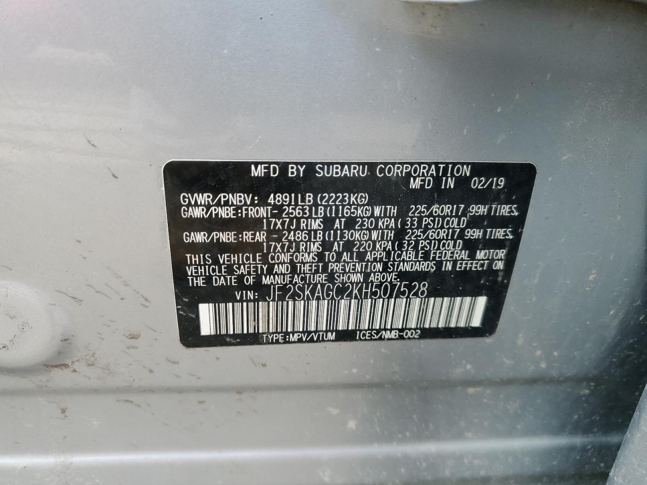 2019 Subaru Forester Premium VIN: JF2SKAGC2KH507528 Lot: 70304565