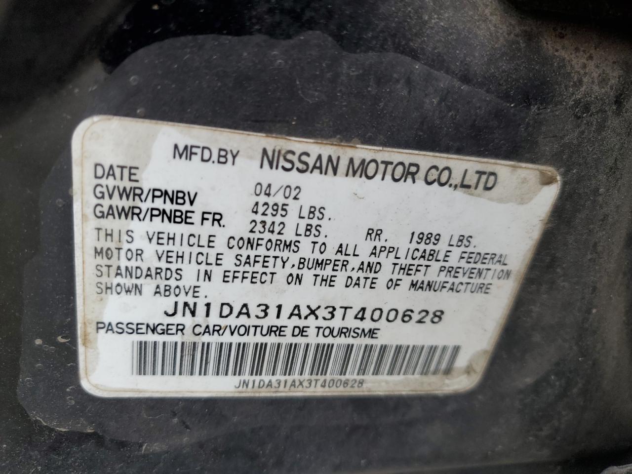 2003 Nissan Maxima Gle VIN: JN1DA31AX3T400628 Lot: 68838295