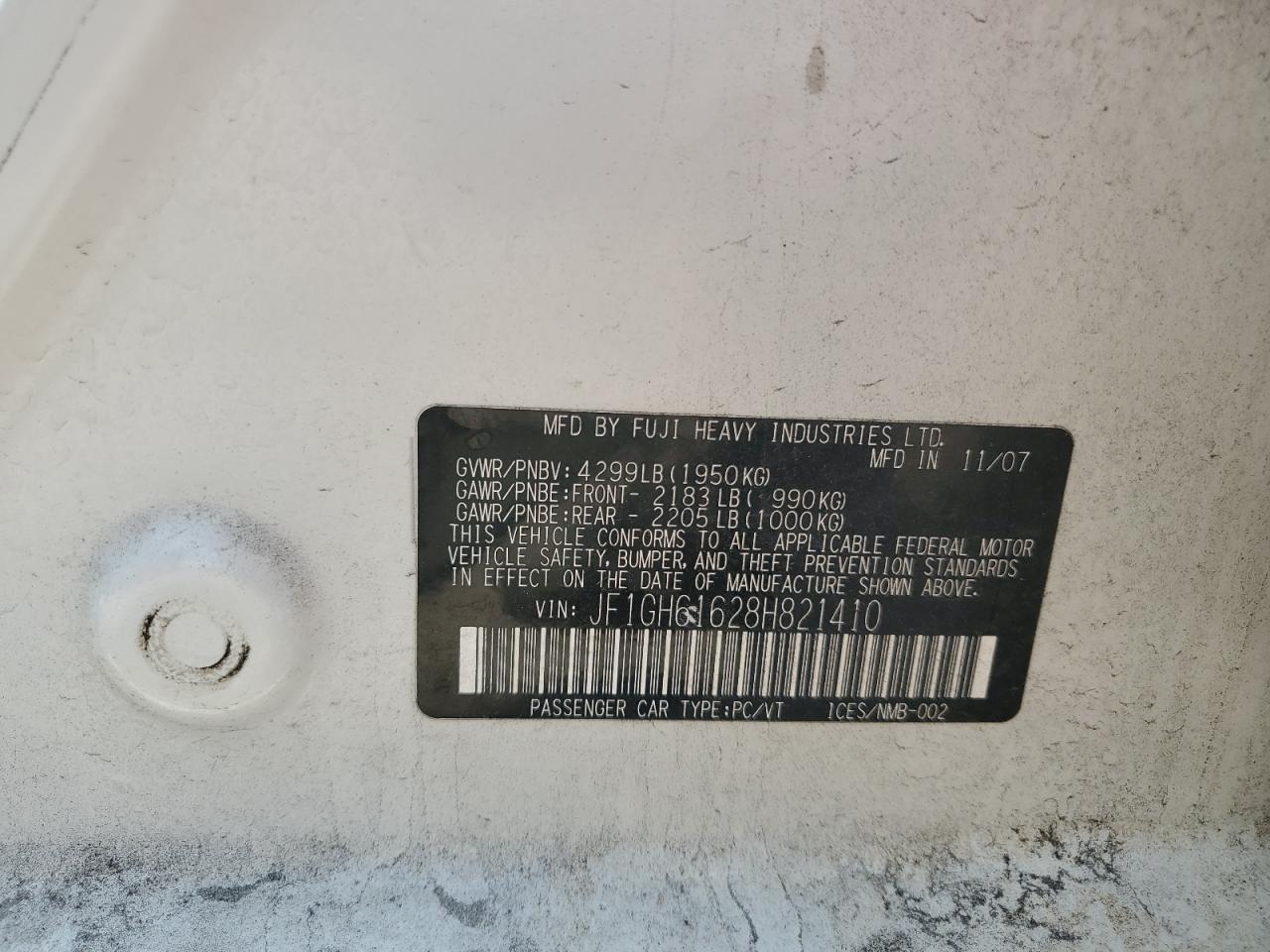 2008 Subaru Impreza 2.5I VIN: JF1GH61628H821410 Lot: 66948695