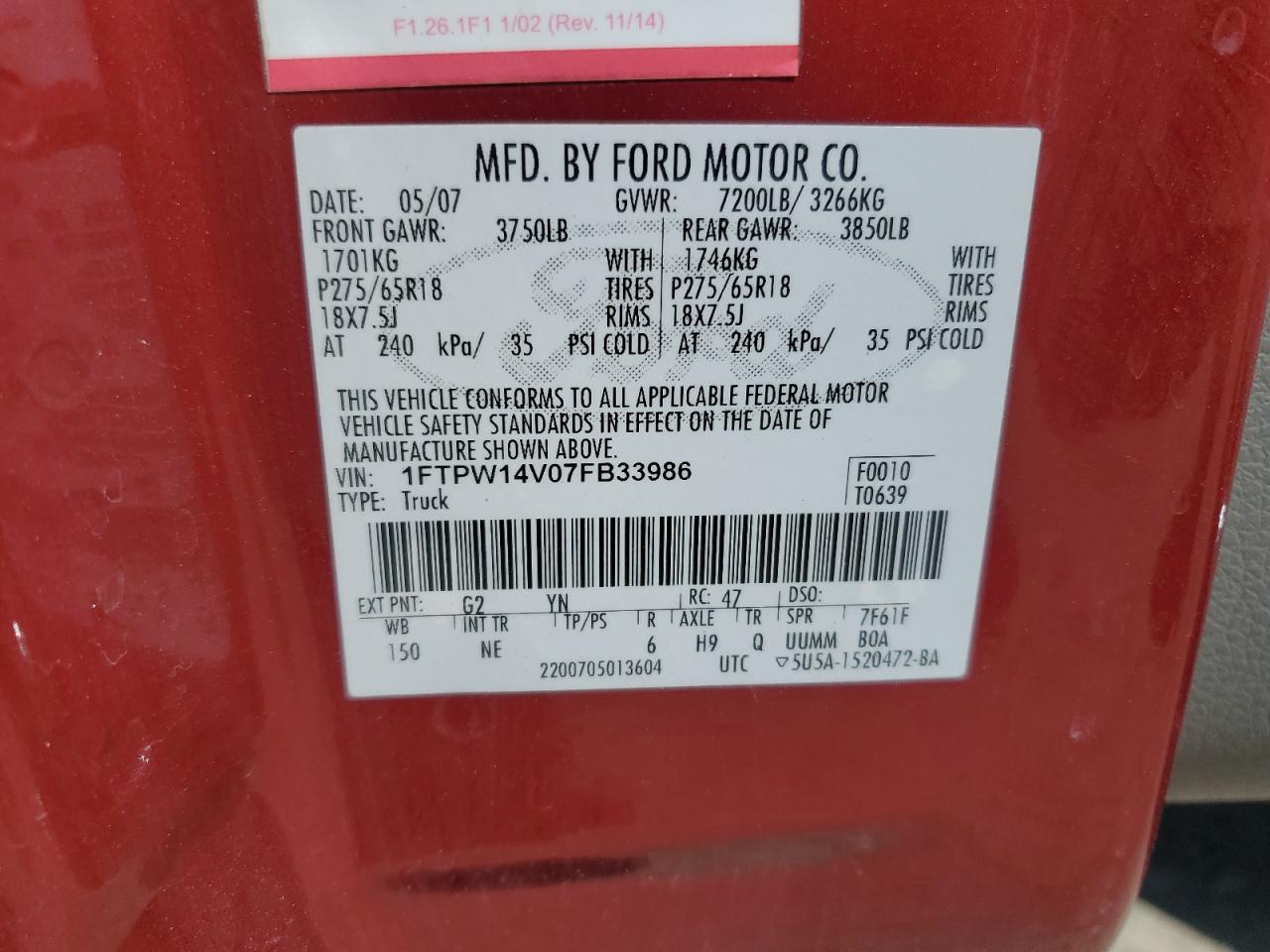 2007 Ford F150 Supercrew VIN: 1FTPW14V07FB33986 Lot: 70813975