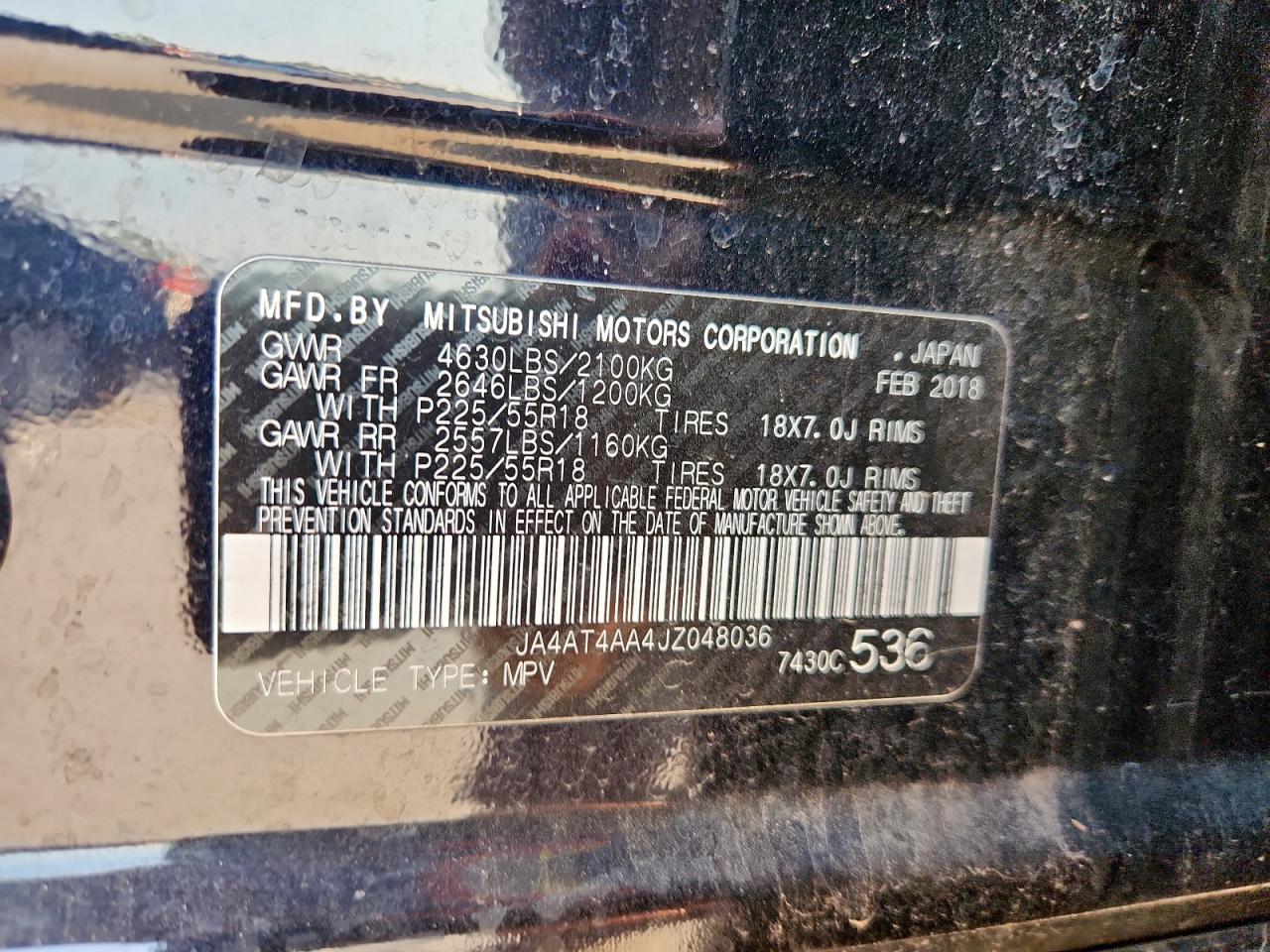 2018 Mitsubishi Eclipse Cross Le VIN: JA4AT4AA4JZ048036 Lot: 69690535