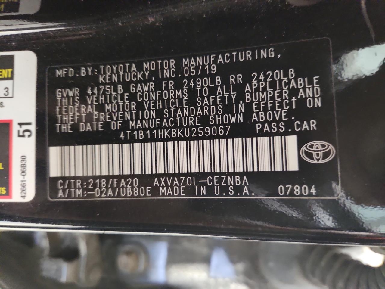 2019 Toyota Camry L VIN: 4T1B11HK8KU259067 Lot: 69565475