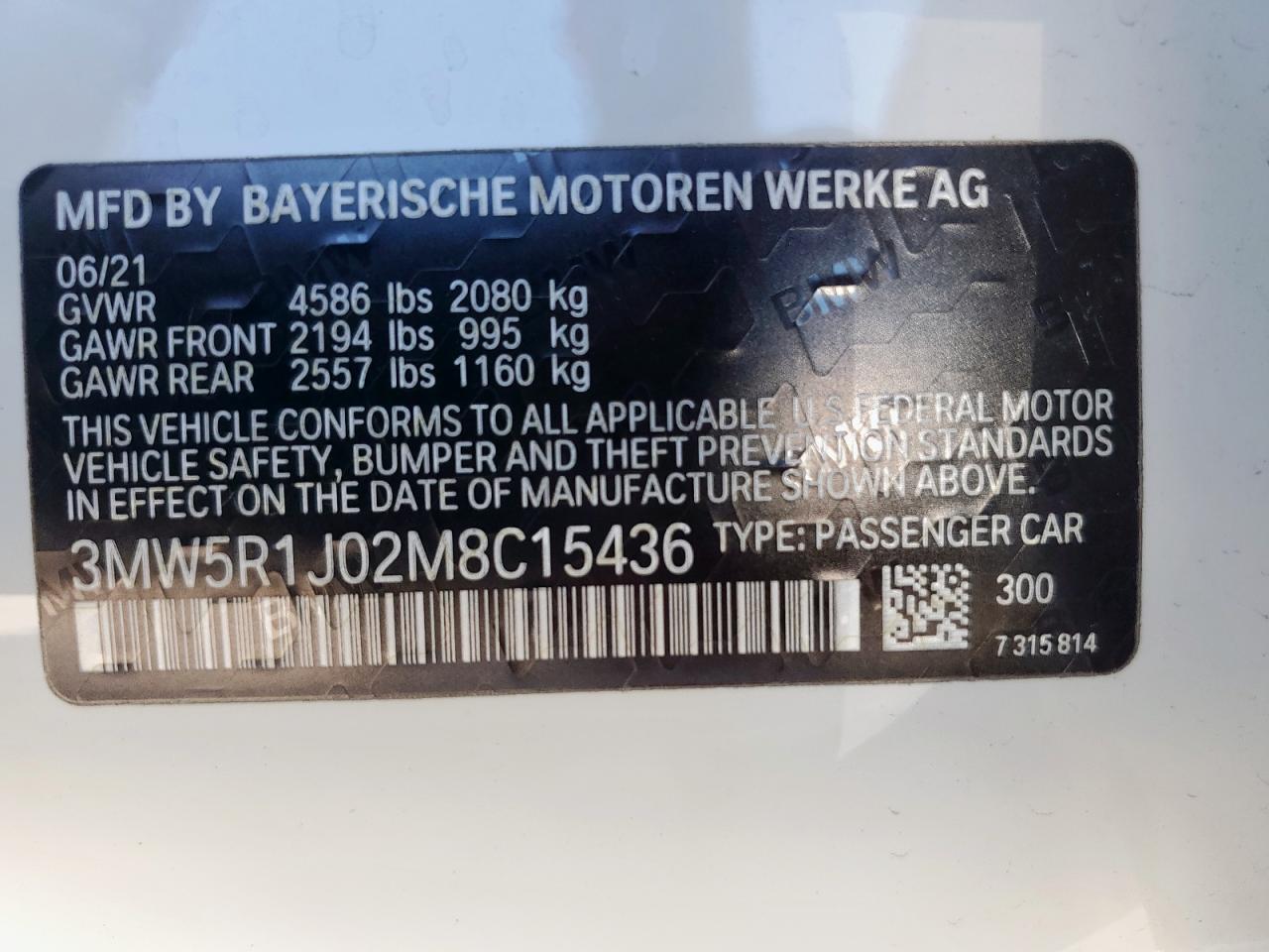 2021 BMW 330I VIN: 3MW5R1J02M8C15436 Lot: 69011845