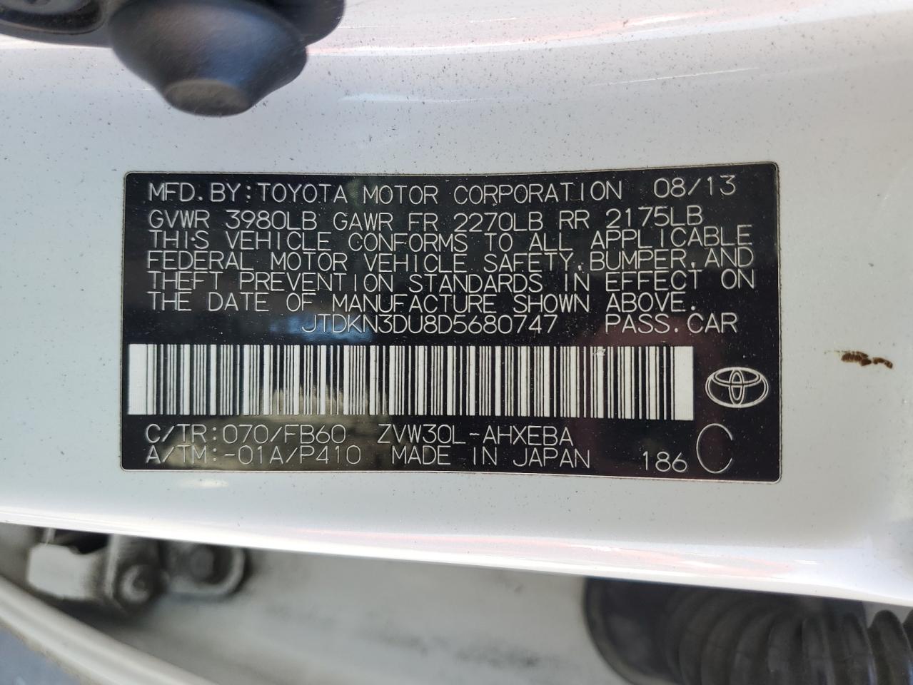 2013 Toyota Prius VIN: JTDKN3DU8D5680747 Lot: 68051725