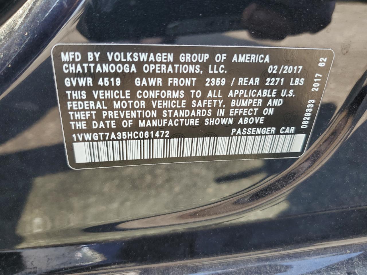 2017 Volkswagen Passat Se VIN: 1VWGT7A35HC061472 Lot: 68166785