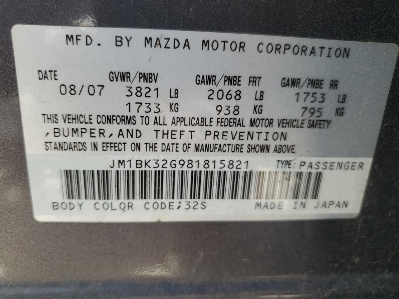 2008 Mazda 3 I VIN: JM1BK32G981815821 Lot: 67538885