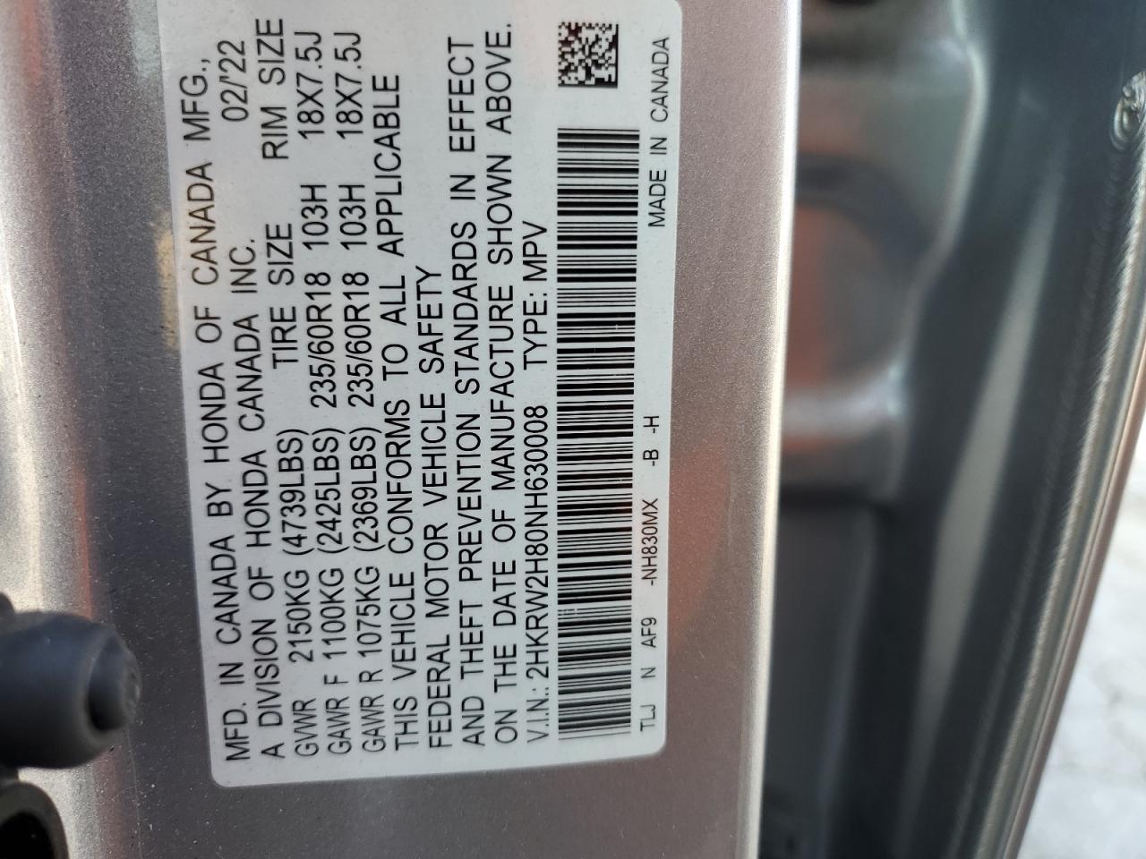 2022 Honda Cr-V Exl VIN: 2HKRW2H80NH630008 Lot: 68071395