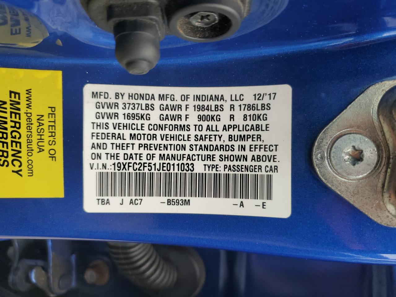 2018 Honda Civic Lx VIN: 19XFC2F51JE011033 Lot: 69997365