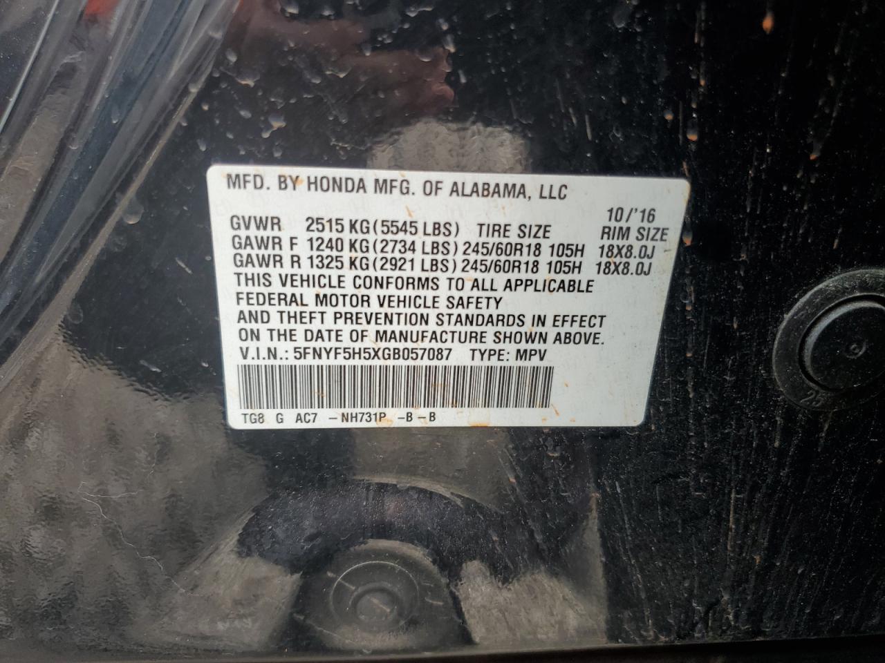 2016 Honda Pilot Exl VIN: 5FNYF5H5XGB057087 Lot: 68677405