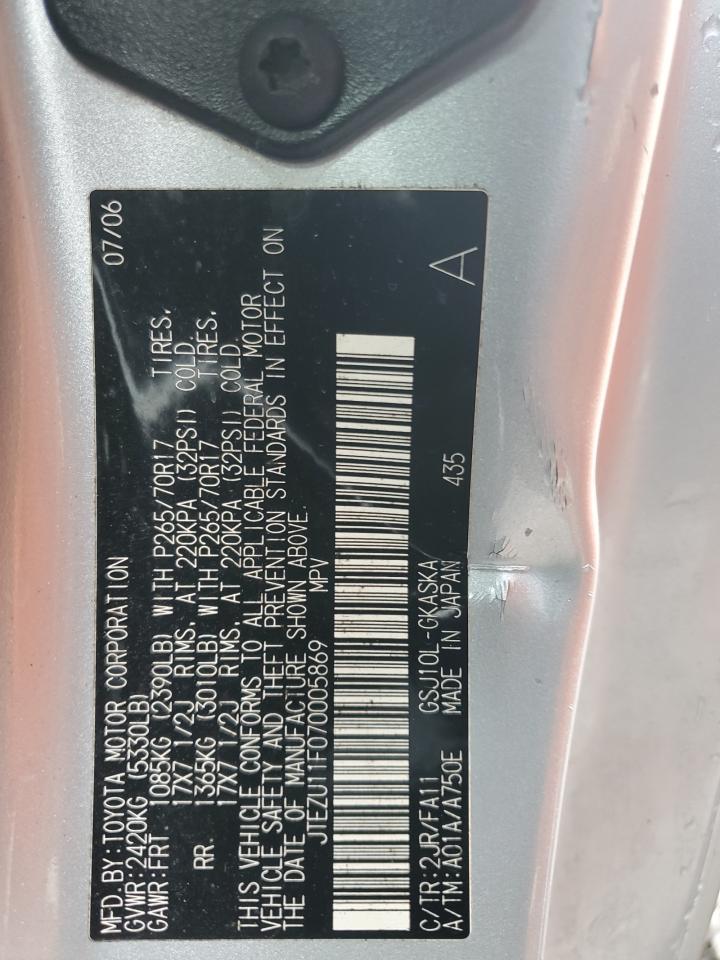 2007 Toyota Fj Cruiser VIN: JTEZU11F070005869 Lot: 68840745