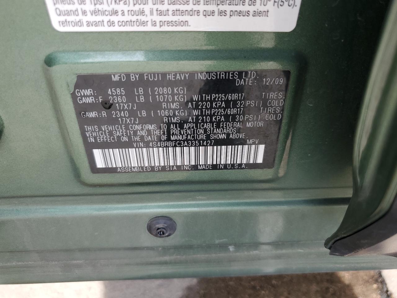 4S4BRBFC3A3351427 2010 Subaru Outback 2.5I Premium