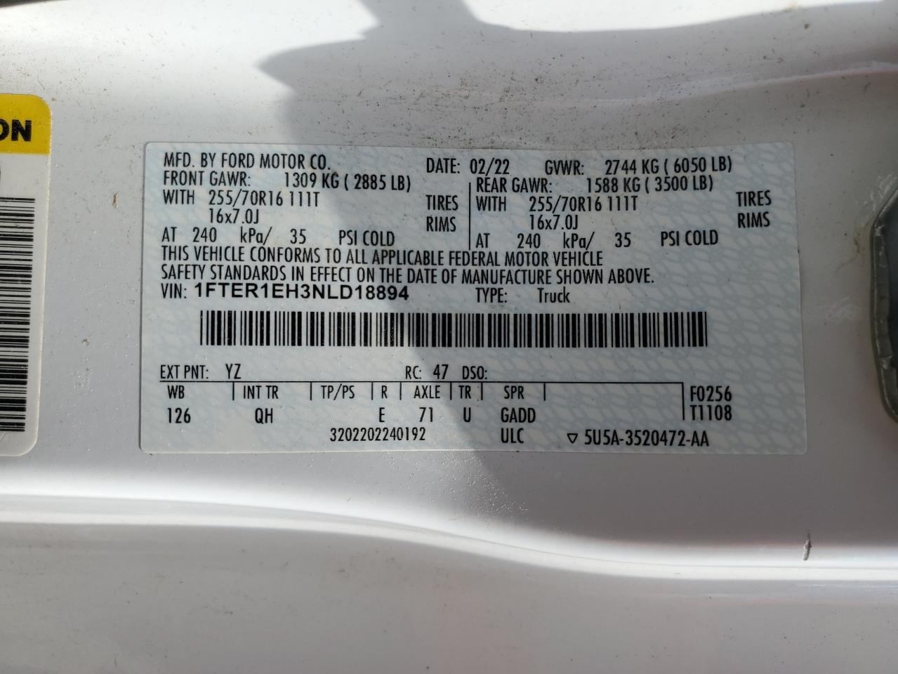 2022 Ford Ranger Xl VIN: 1FTER1EH3NLD18894 Lot: 70446745