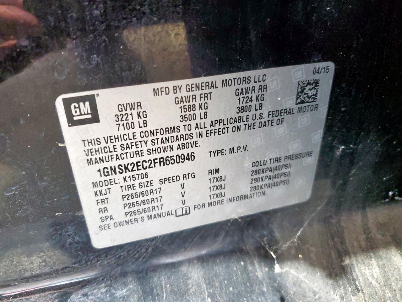 2015 Chevrolet Tahoe Police VIN: 1GNSK2EC2FR650946 Lot: 67948475