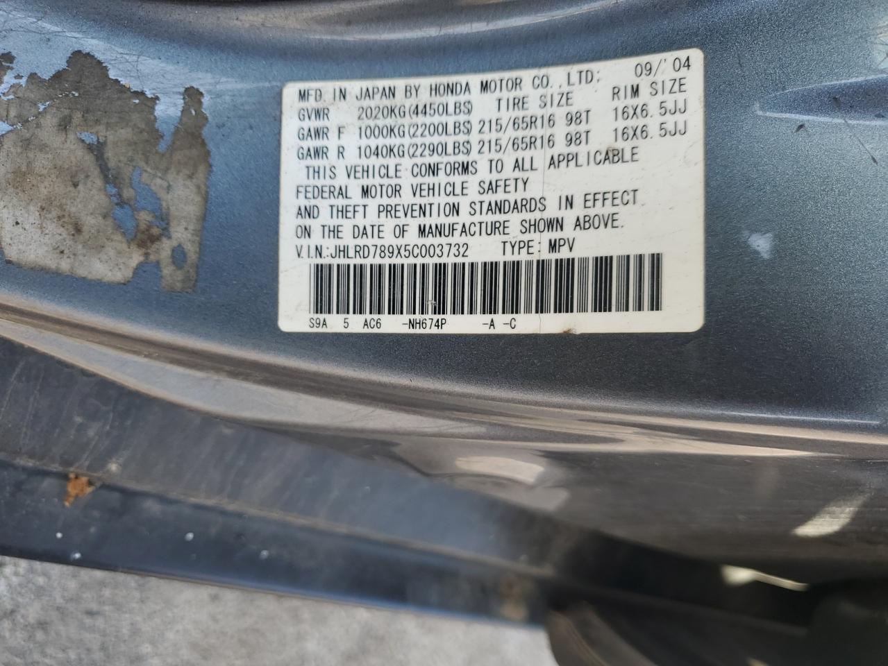 2005 Honda Cr-V Se VIN: JHLRD789X5C003732 Lot: 68888635