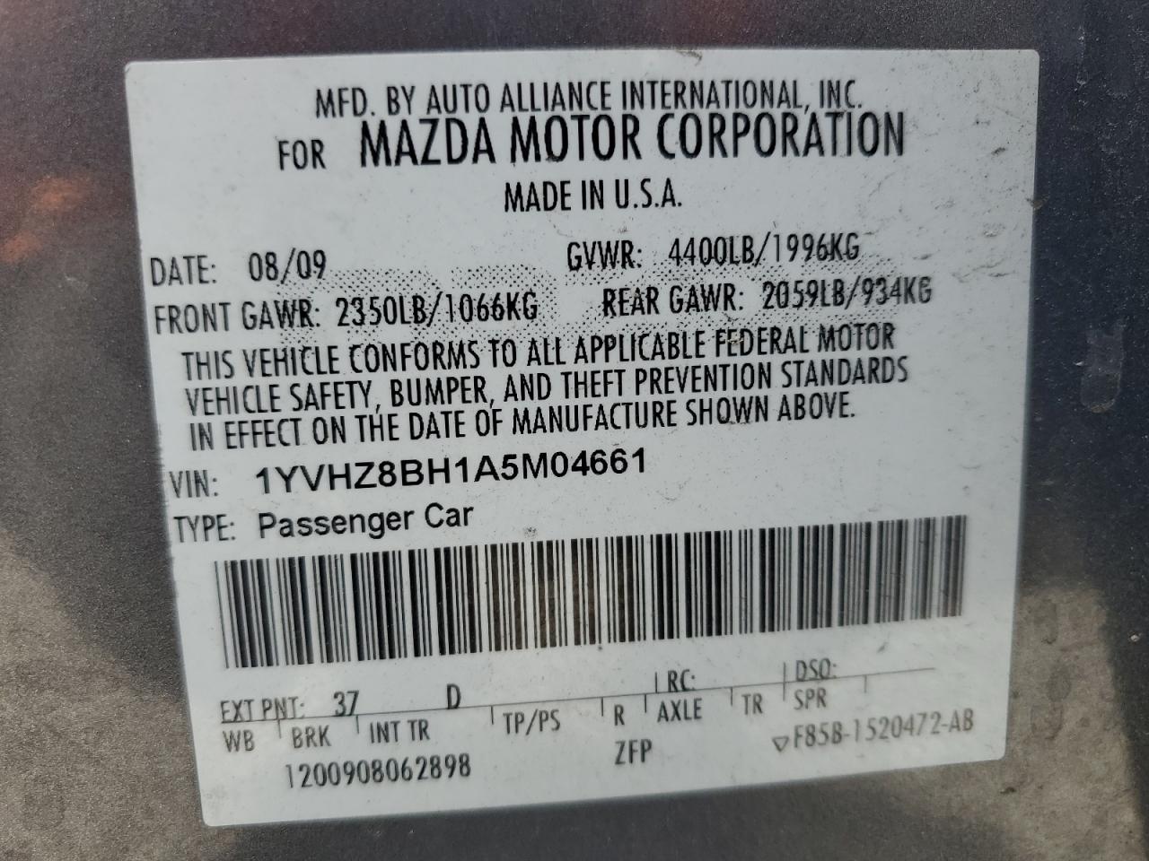2010 Mazda 6 I VIN: 1YVHZ8BH1A5M04661 Lot: 67344055