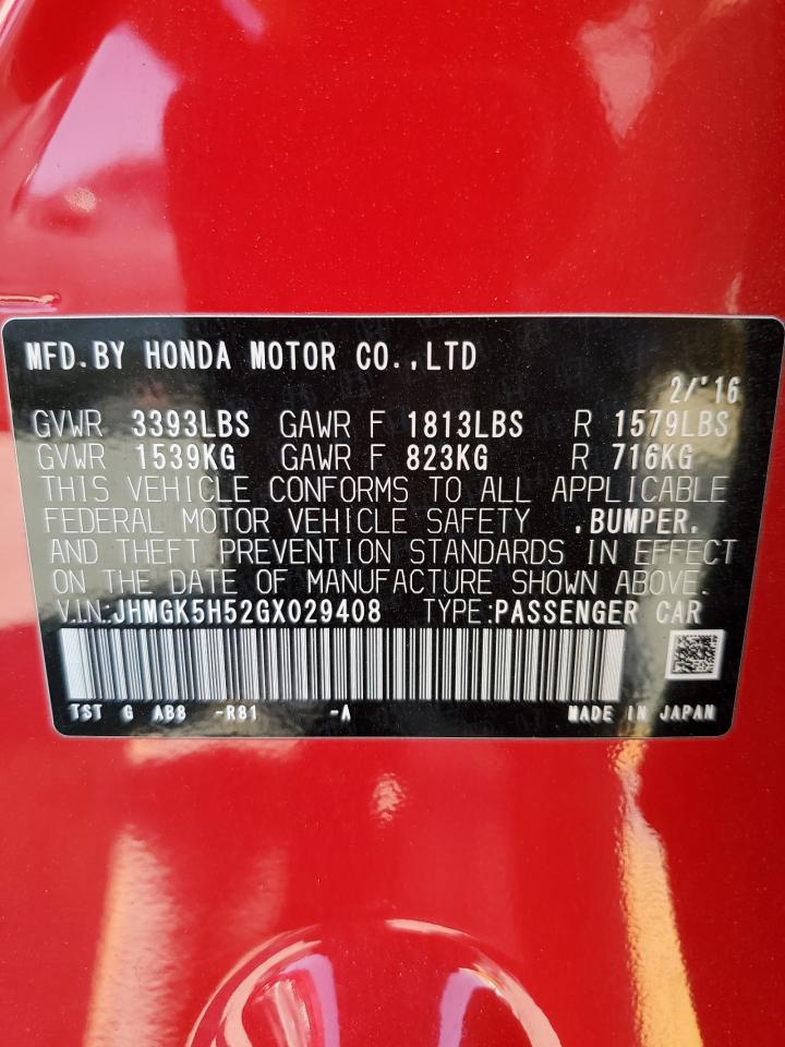 2016 Honda Fit Lx VIN: JHMGK5H52GX029408 Lot: 69690015