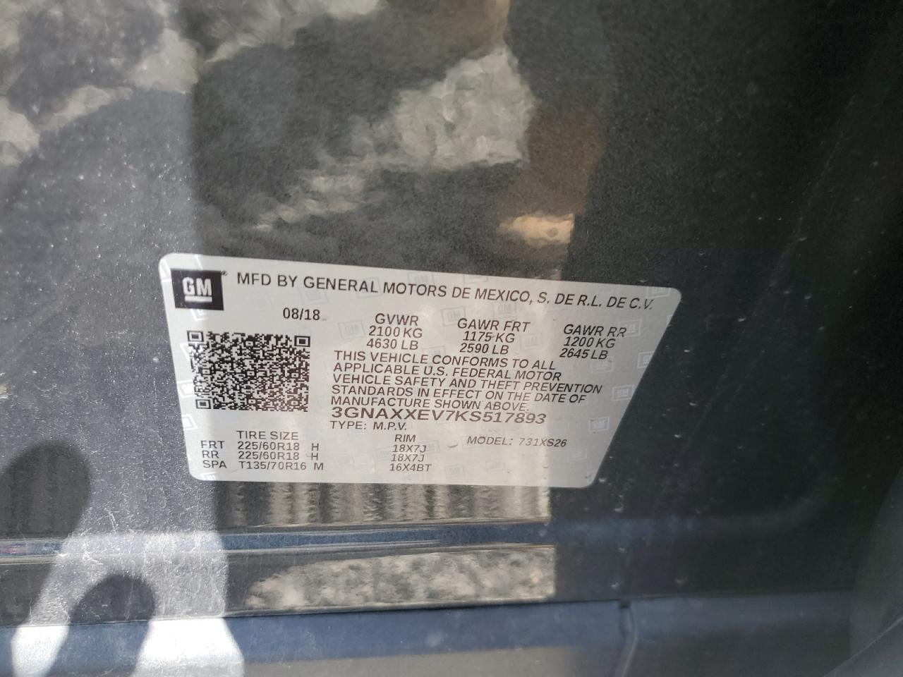 2019 Chevrolet Equinox Premier VIN: 3GNAXXEV7KS517893 Lot: 69562565