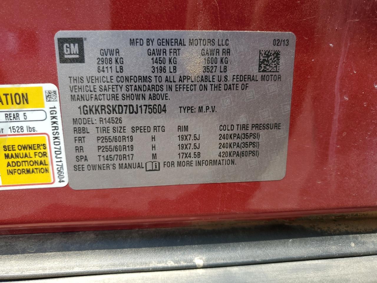 2013 GMC Acadia Slt-2 VIN: 1GKKRSKD7DJ175604 Lot: 69412345