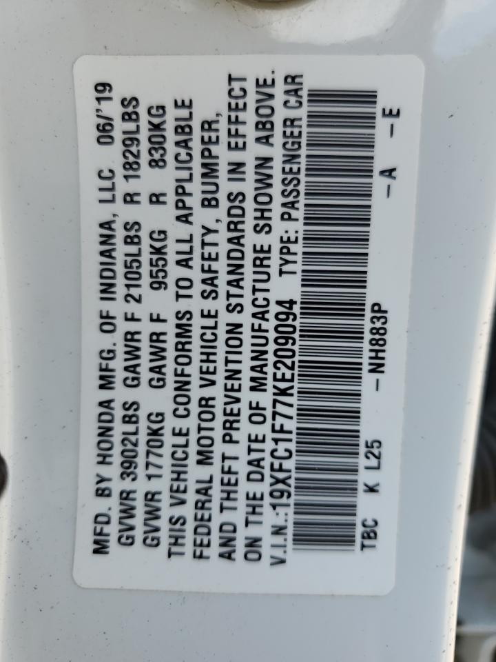 2019 Honda Civic Exl VIN: 19XFC1F77KE209094 Lot: 67867605