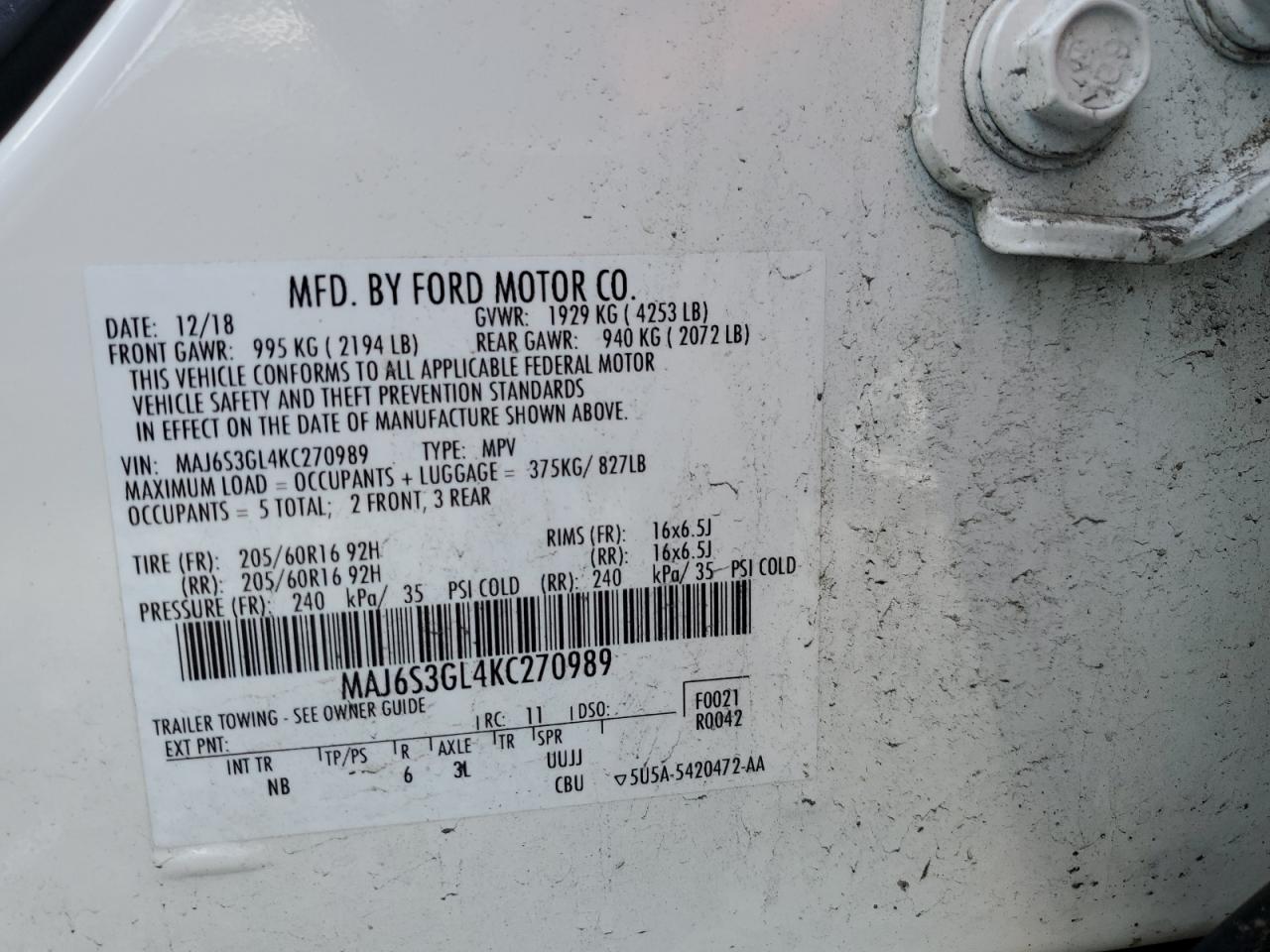 2019 Ford Ecosport Se VIN: MAJ6S3GL4KC270989 Lot: 70008755