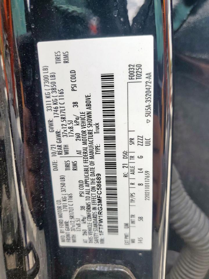 2021 Ford F150 Raptor VIN: 1FTFW1RG3MFC58689 Lot: 68106045