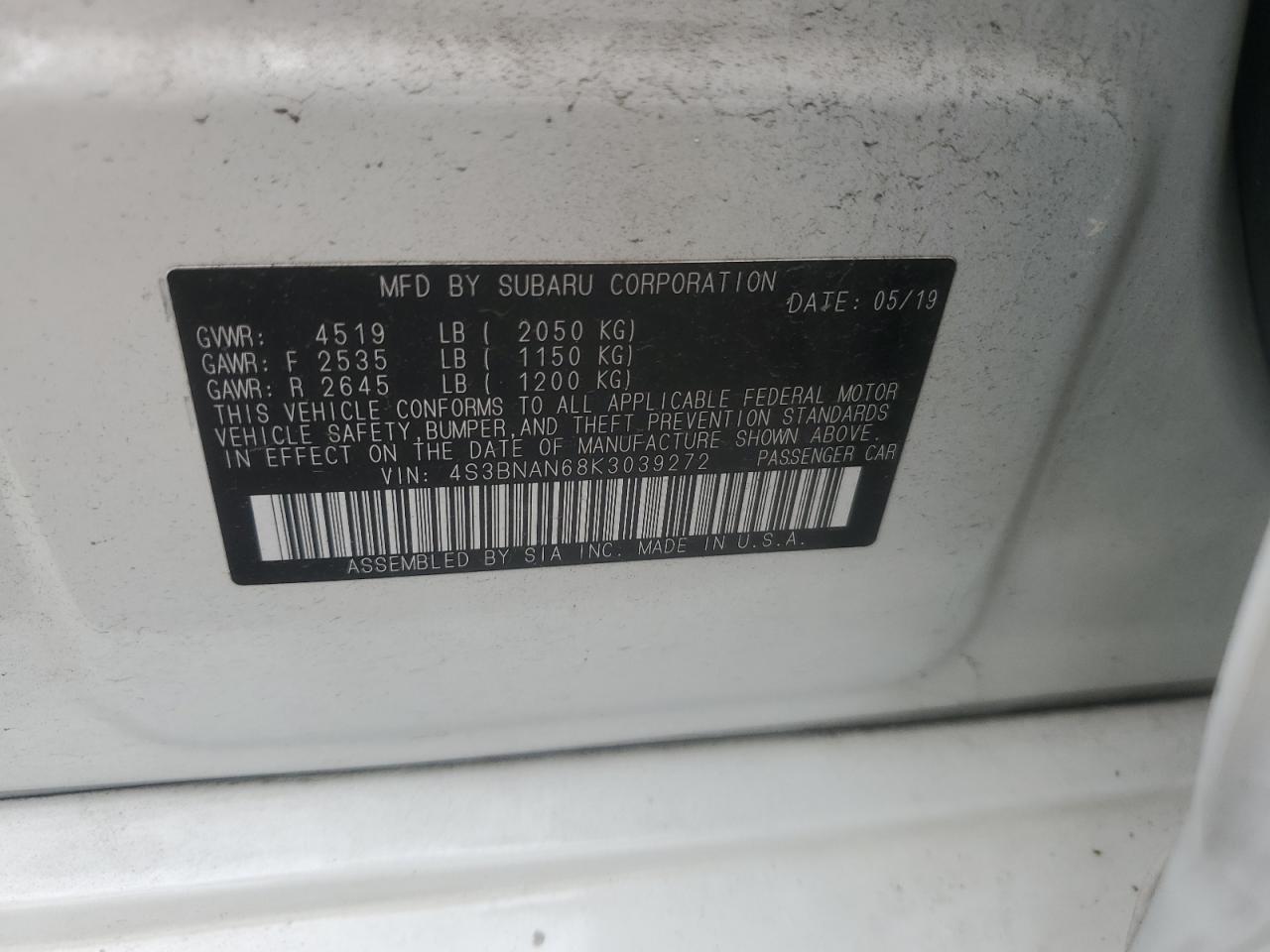 2019 Subaru Legacy 2.5I Limited VIN: 4S3BNAN68K3039272 Lot: 70378265