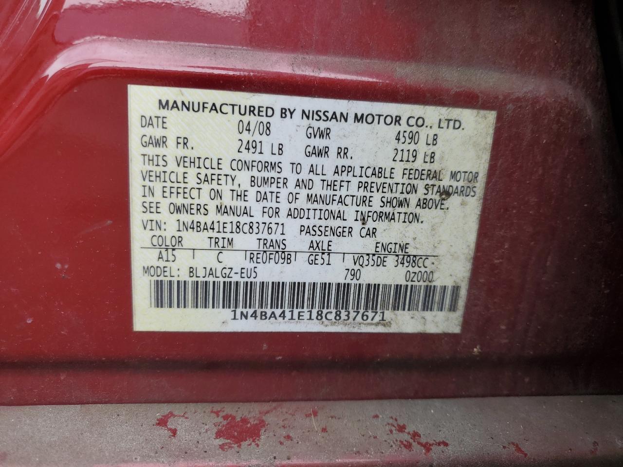 2008 Nissan Maxima Se VIN: 1N4BA41E18C837671 Lot: 87463165