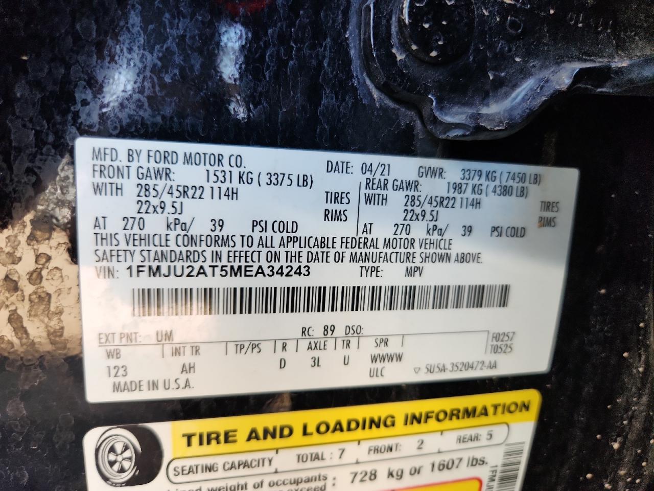 2021 Ford Expedition Limited VIN: 1FMJU2AT5MEA34243 Lot: 70497385