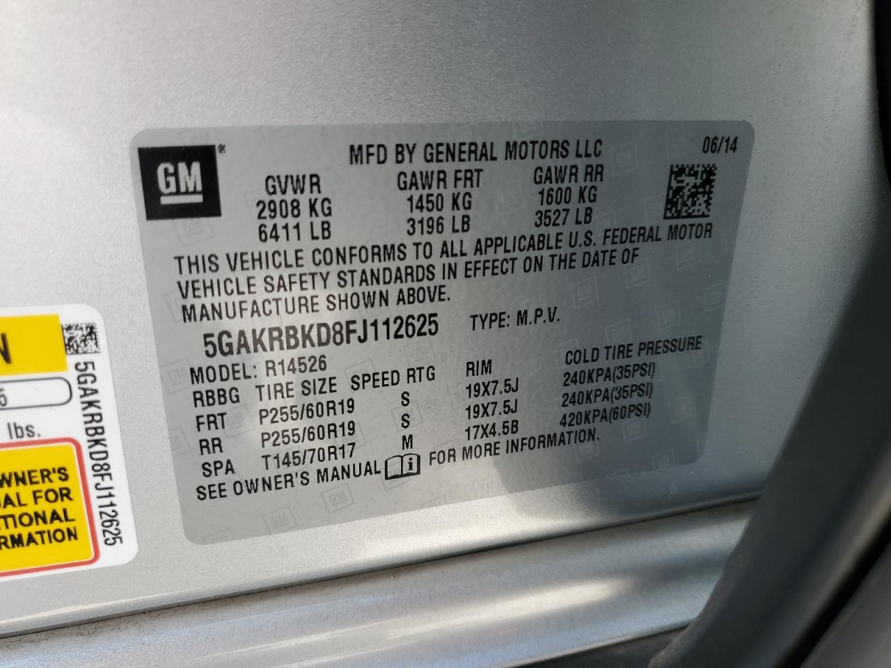 2015 Buick Enclave VIN: 5GAKRBKD8FJ112625 Lot: 67819195