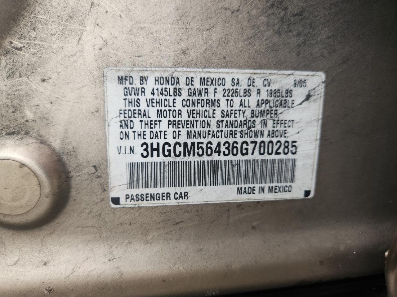 2006 Honda Accord Lx VIN: 3HGCM56436G700285 Lot: 70447385