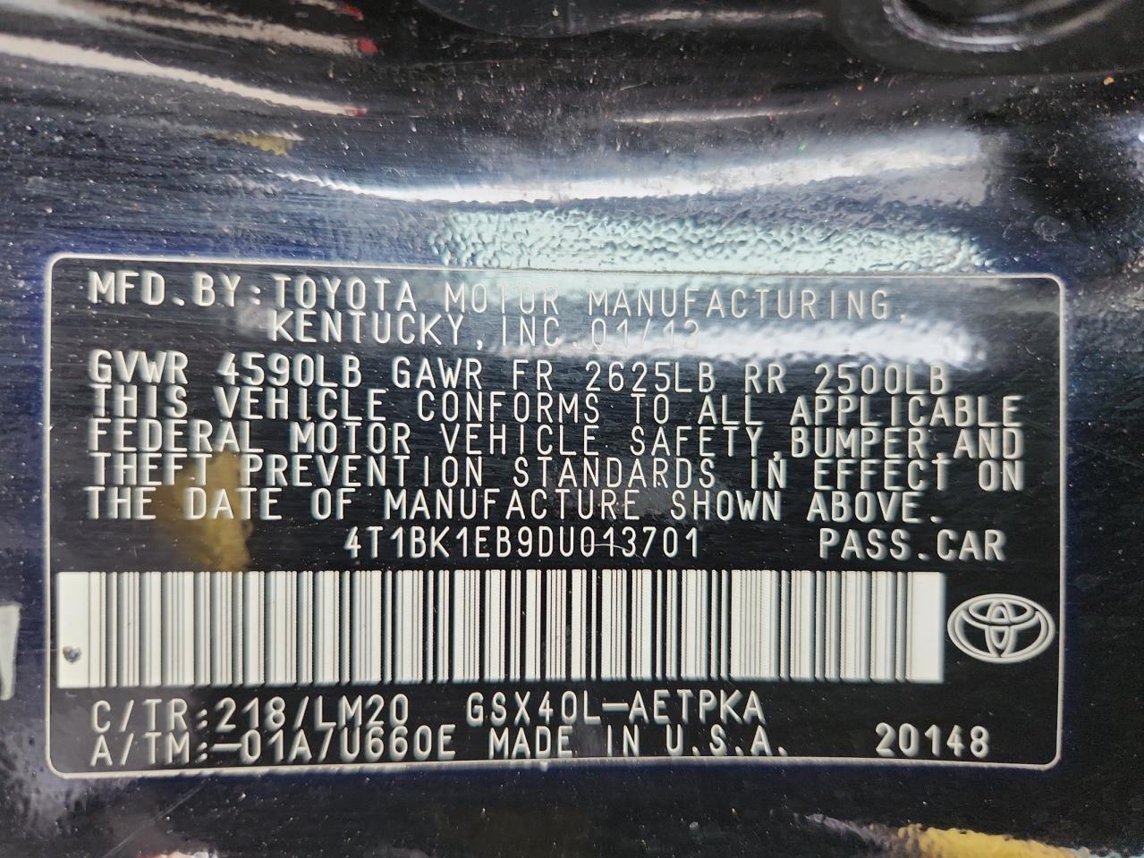 2013 Toyota Avalon Base VIN: 4T1BK1EB9DU013701 Lot: 70091135