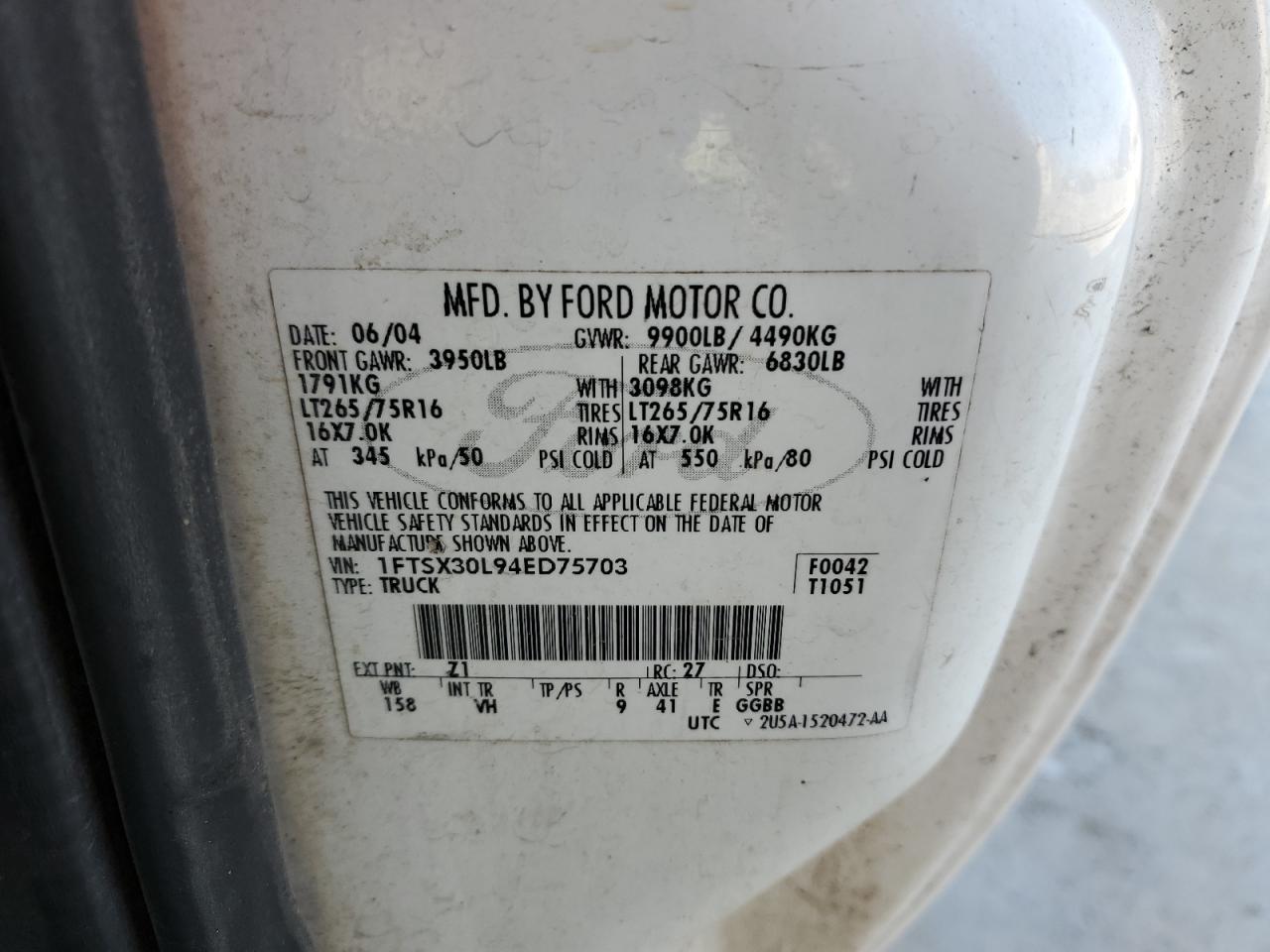 2004 Ford F350 Srw Super Duty VIN: 1FTSX30L94ED75703 Lot: 69874815