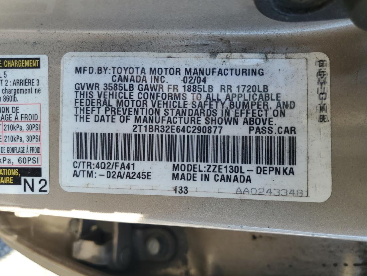 2004 Toyota Corolla Ce VIN: 2T1BR32E64C290877 Lot: 69705865