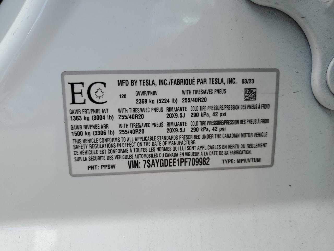 2023 Tesla Model Y VIN: 7SAYGDEE1PF709982 Lot: 69285635