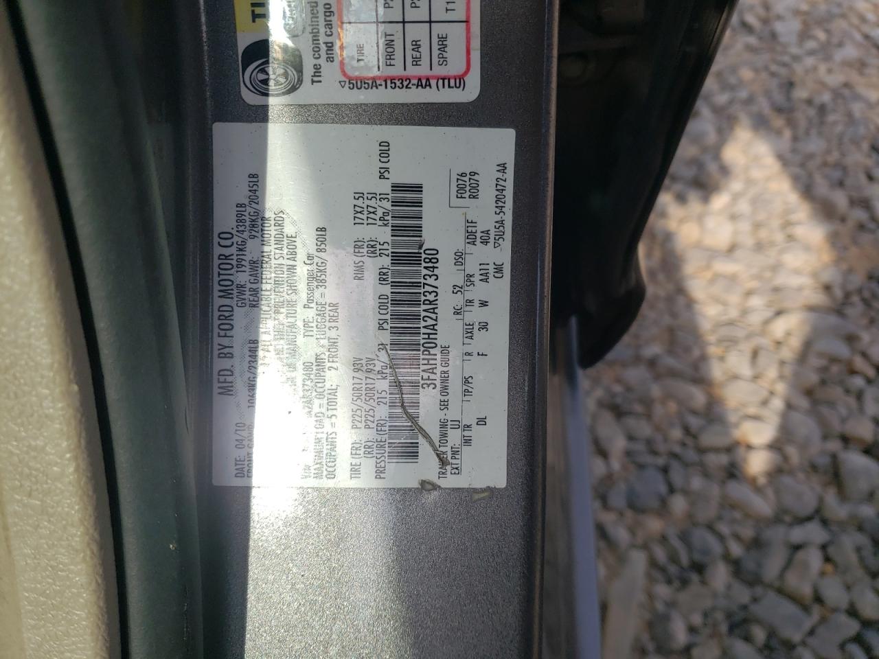 2010 Ford Fusion Se VIN: 3FAHP0HA2AR373480 Lot: 70582635