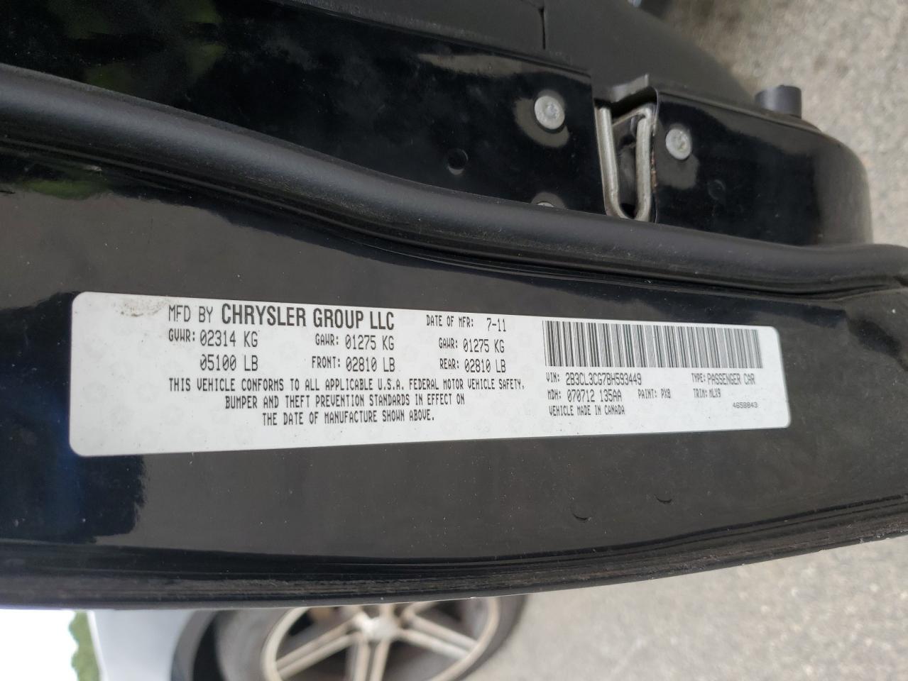 2011 Dodge Charger VIN: 2B3CL3CG7BH593449 Lot: 68976185